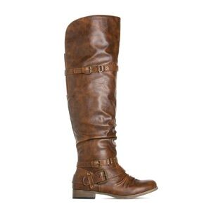 Shoe dazzle Women’s Elin Tall Riding Moto Boot, Over the Knee Brown Boot, sz 8.5